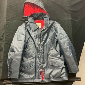 Vintage Windbreaker Parka Jacket Men's Size XL Blue Hooded Fur 70's Quilted